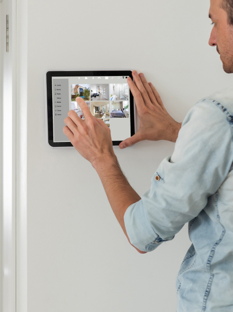 man using access control panel